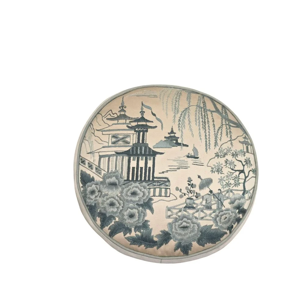 Vintage Asian Round Silk Embroidered Pillow Pagoda Landscape Style Green 14.5in